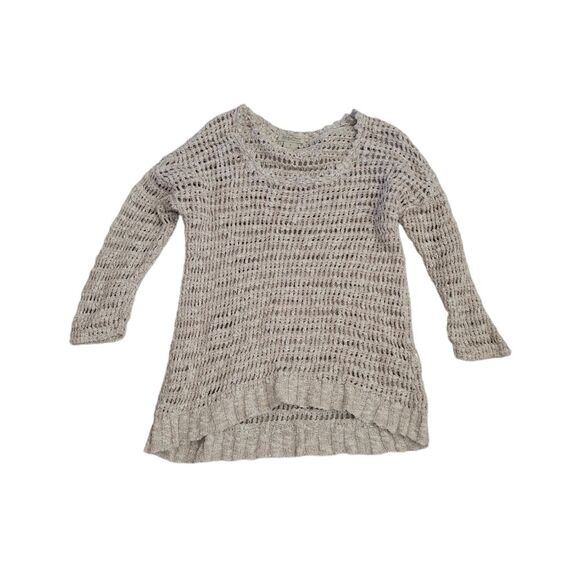 Lucky Brand Women's tan open knit linen blend elbow sleeve sweater Size S boho - Picture 2 of 9